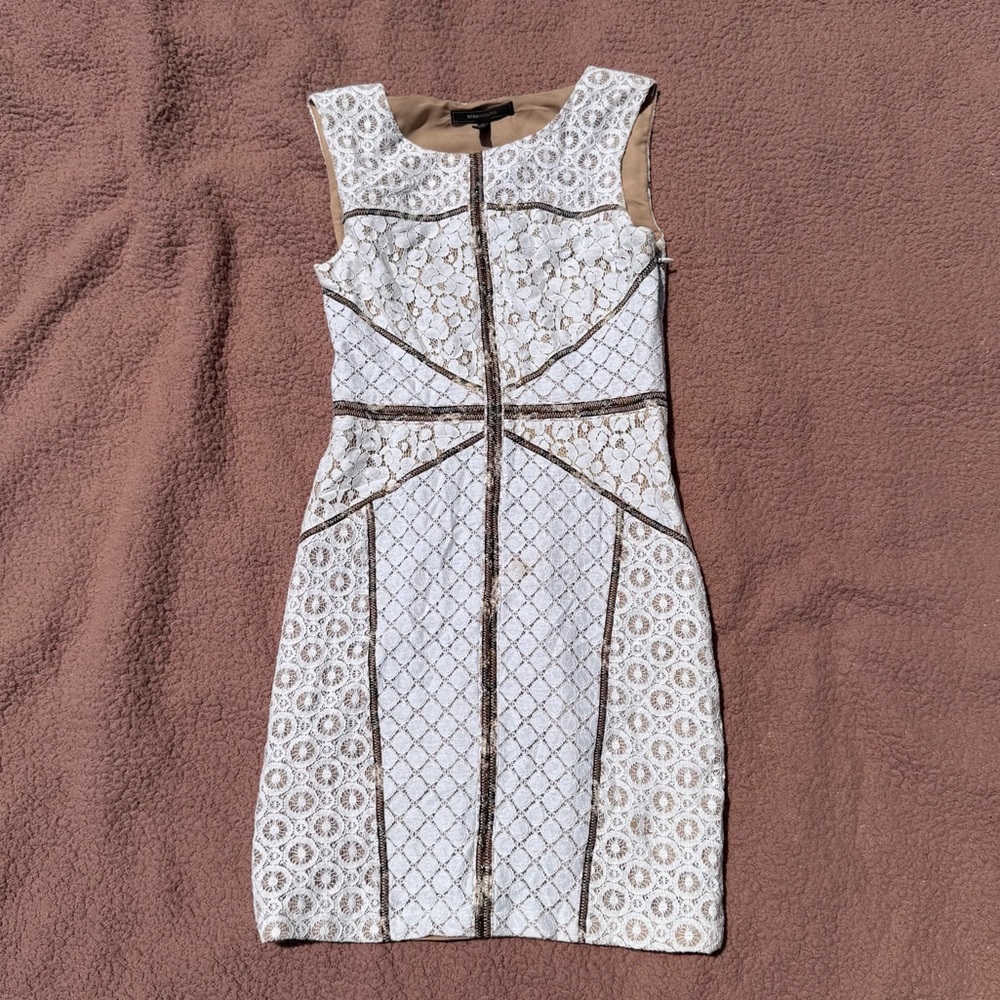 BCBG MaxAzria White and Tan Lace Mini Dress